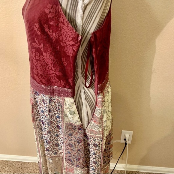 Doe & Rae Mini Dress Large Burgundy Floral Lace Patchwork Skirt Ivory Boho Flowy - Picture 9 of 16